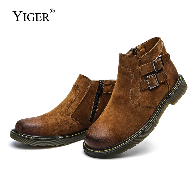 YIGER/Новинка мужские ботинки martins теплые зимние из свиной замши сапоги короткие