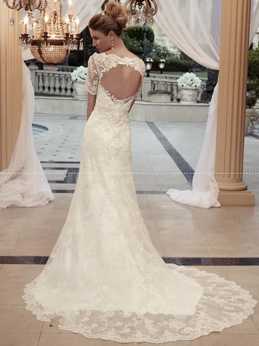 Wholesale and retail Short Sleeves White/Ivory Lace Wedding Dress With Keyhole Back Custom Size | Свадьбы и торжества