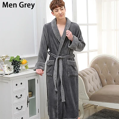 Men Grey Лидер продаж, длинный теплый банный халат из кораллового флиса для влюбленных, мужской зимний супер мягкий фланелевый банный халат кимоно, мужской халат, мужские халаты s - Цвет: Men Grey