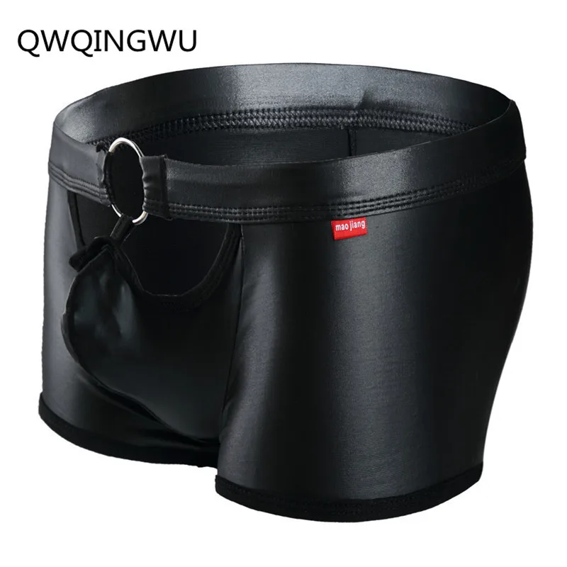 

Sexy Gay Men Boxer Boxershorts PU leather U Convex Pouch Underpants Open Front Male Panties Underwear Classical Plaid Shorts