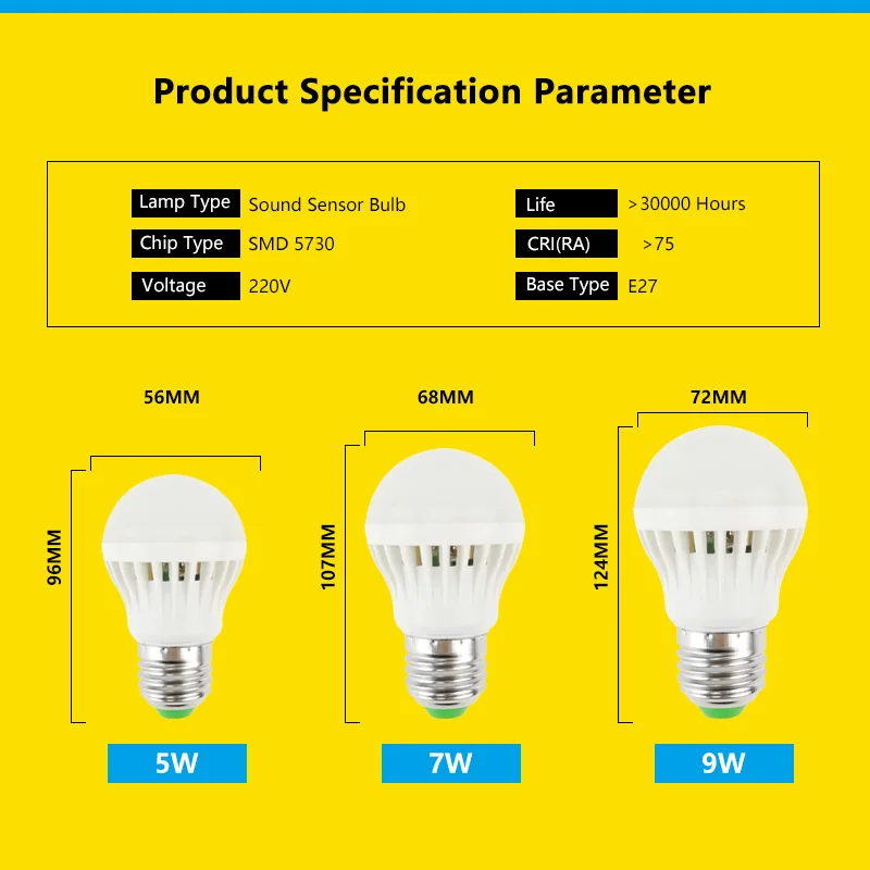 LED E27 Bulb Sound Sensor Lampada Smart Light For Stairs Or Doorway Lighting 220V 3W 5W 7W Voice Control | Лампы и освещение