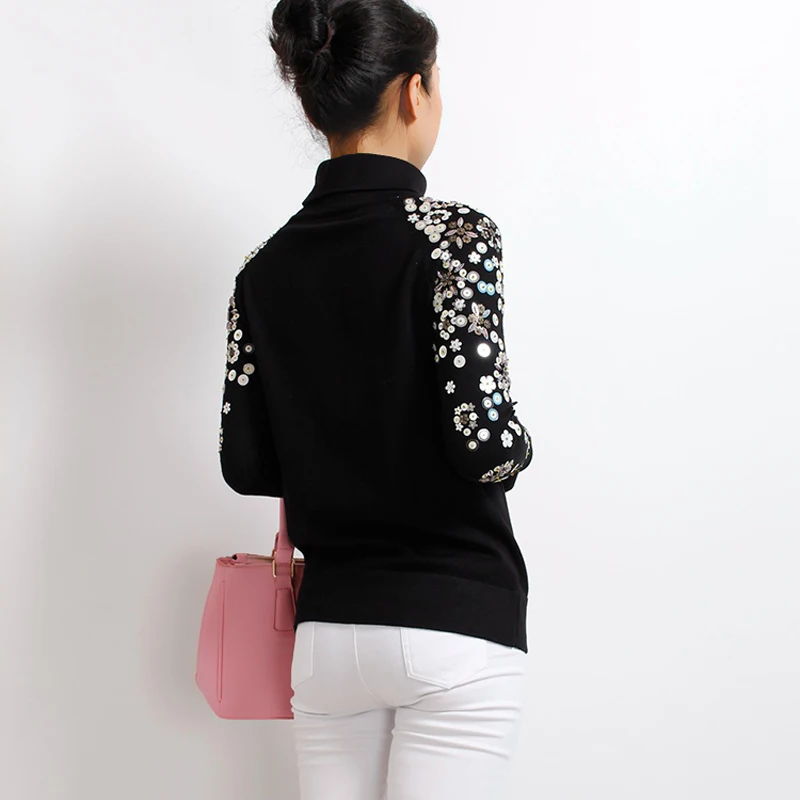 2018 Womens Sweaters Fashion Autumn/winter Turtleneck Korean Sweater Sequin Beading Embroidery Women Big Size | Женская одежда