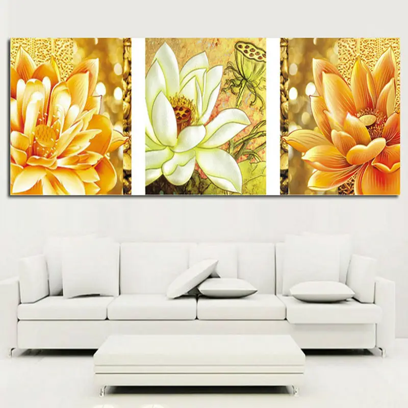 Полная Алмазная Вышивка Цветы diy картина Триптих Лотос 3d квадратная дрель