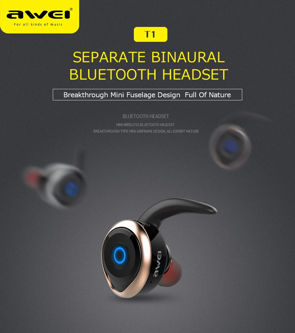 AWEI T1 TWS настоящие беспроводные наушники, Мини Bluetooth наушники без рук, спортивные водонепроницаемые Bluetooth наушники с микрофоном