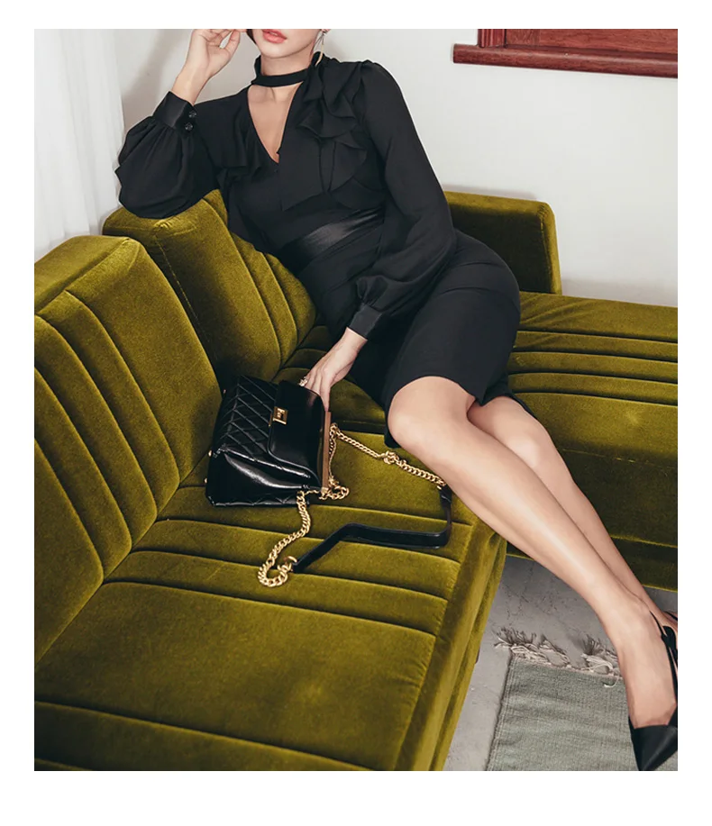 Женское платье-карандаш с бантом на воротнике и рукавом-фонариком | Женская