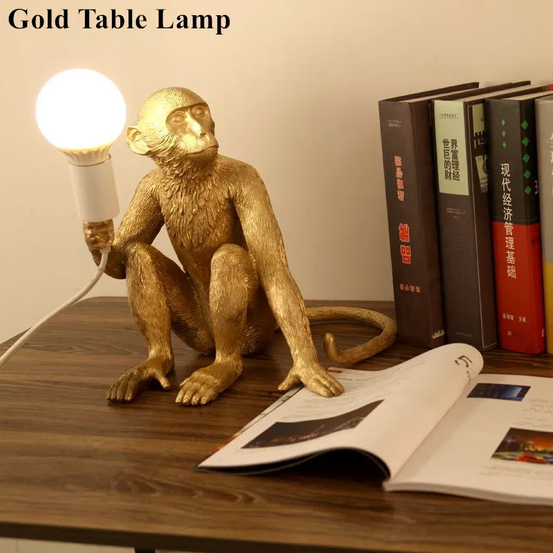 Gold table lamp Современная смола обезьяна Лофт Винтаж пеньковая веревка Люстра для домашнего освещения Кафе Ретро Подвесная лампа в форме обезьяны - Цвет абажура: Gold table lamp