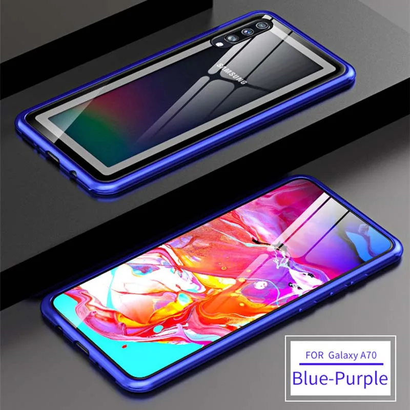 blue purple Роскошный Алюминиевый металлический бронированный чехол для samsung Galaxy A70, чехол с тонкой рамкой, бампер, задняя крышка из прозрачного стекла, чехол для телефона KS0200 - Цвет: blue purple