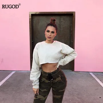 RUGOD летний женский короткий топ, футболка с круглым вырезом и длинными рукавами, однотонная Спортивная модная свободная стильная повседневная рубашка