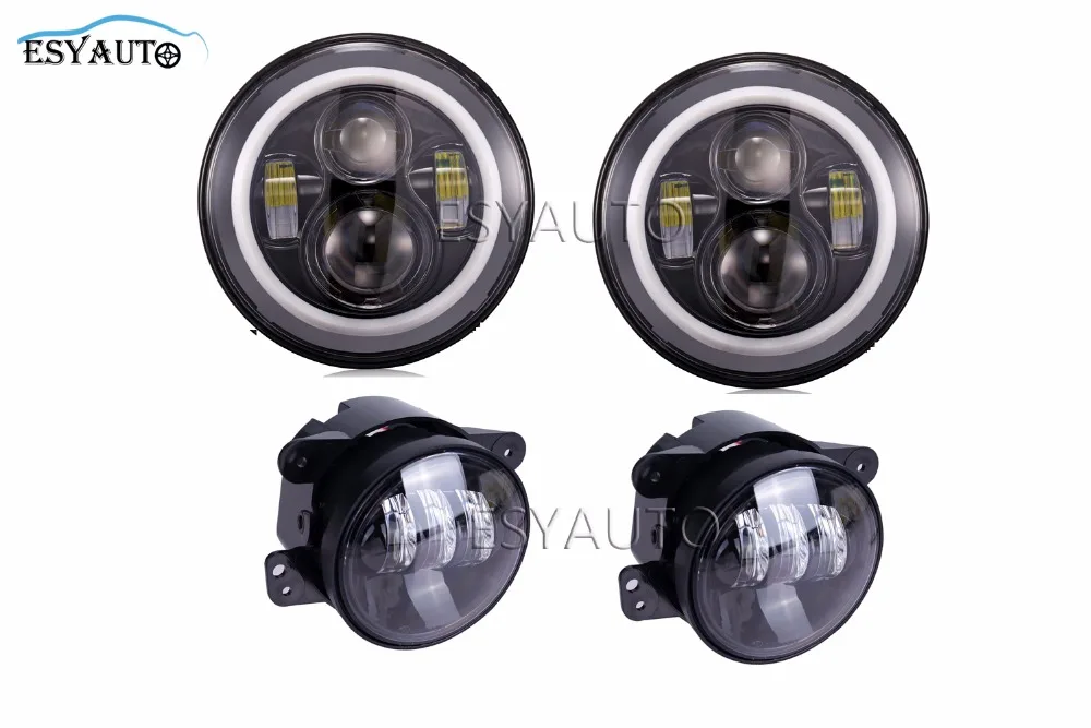 

7 Inch Headlights LED Projector Angel eyes Halo Ring + 4 inch Projector LED Auxiliary Fog Lamps For Jeep Wrangler TJ
