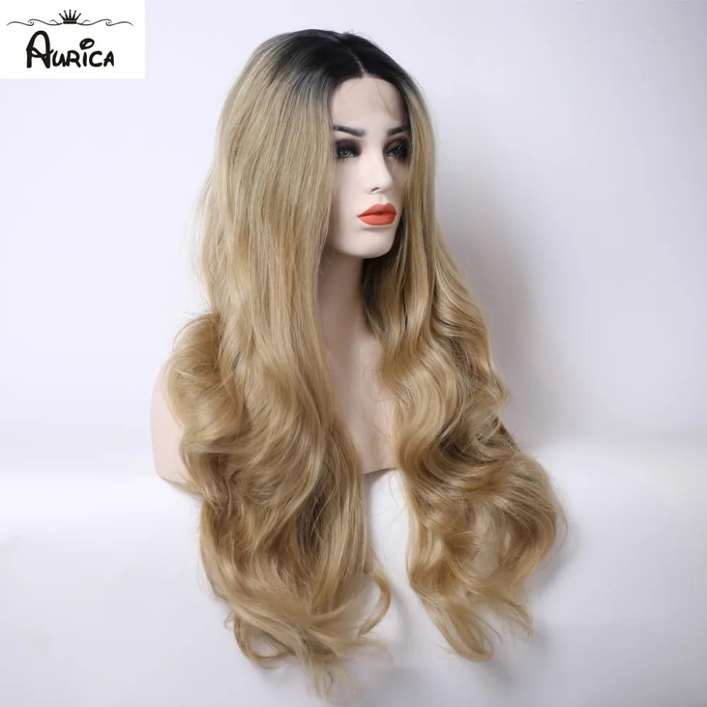 Аурика ombre блондинка Тепло Сейф Синтетические волосы на кружеве парик с