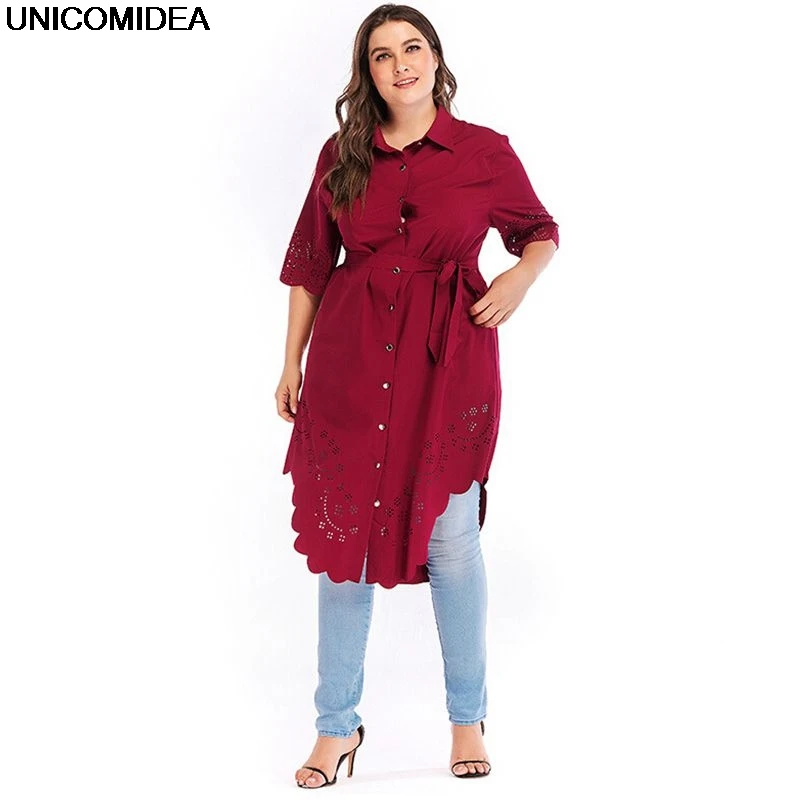 

Plus Size Women Long Blouse Sashes Trun Down Collar Hollow Out Loose Blouses Shirt Camisa Feminina Blusas Chemise Femme Tops 5XL