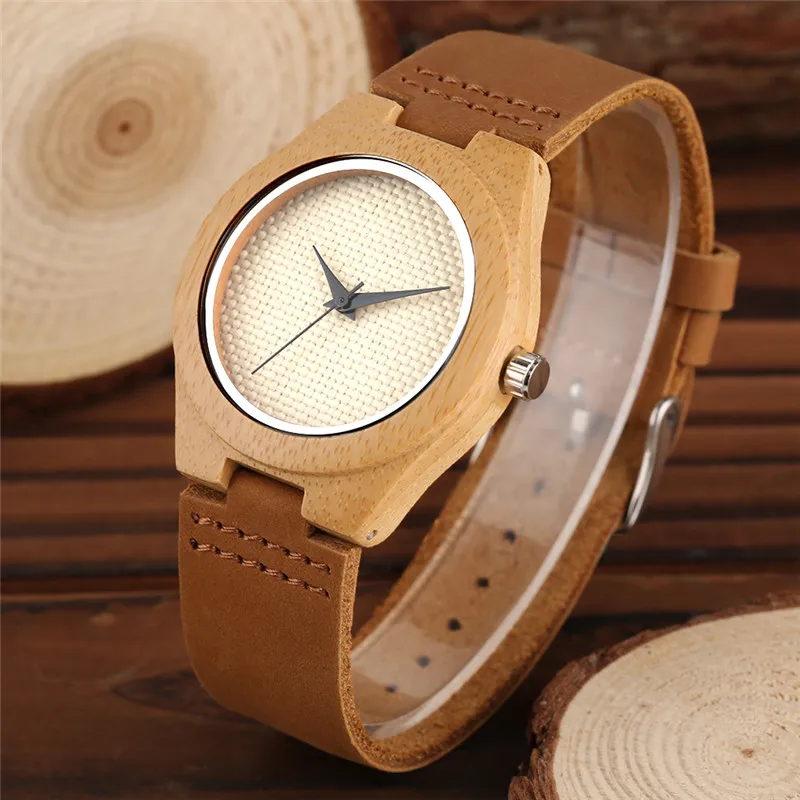 

Минималистичные деревянные часы цвета слоновой кости с шерстяным переплетением циферблат Натуральный Бамбук чехол повседневные Элегантн...