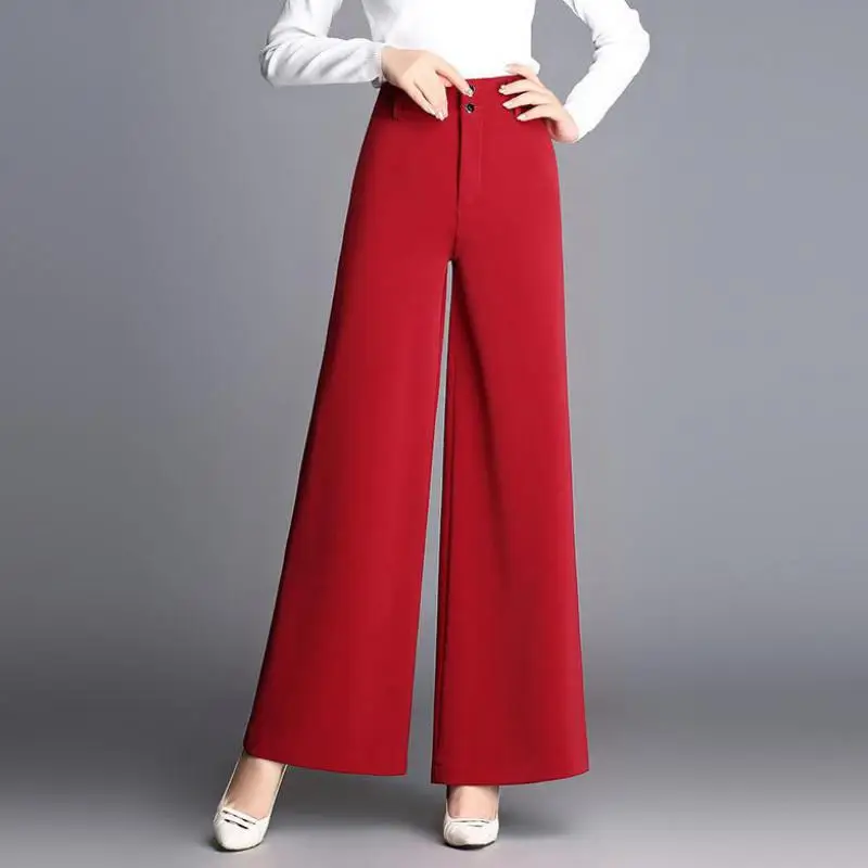 Spring Summer Office Lady Womens Green Wine Red Black Wide Leg Loose High Waisted Pants ,  Elegant Woman Female Slim Trousers