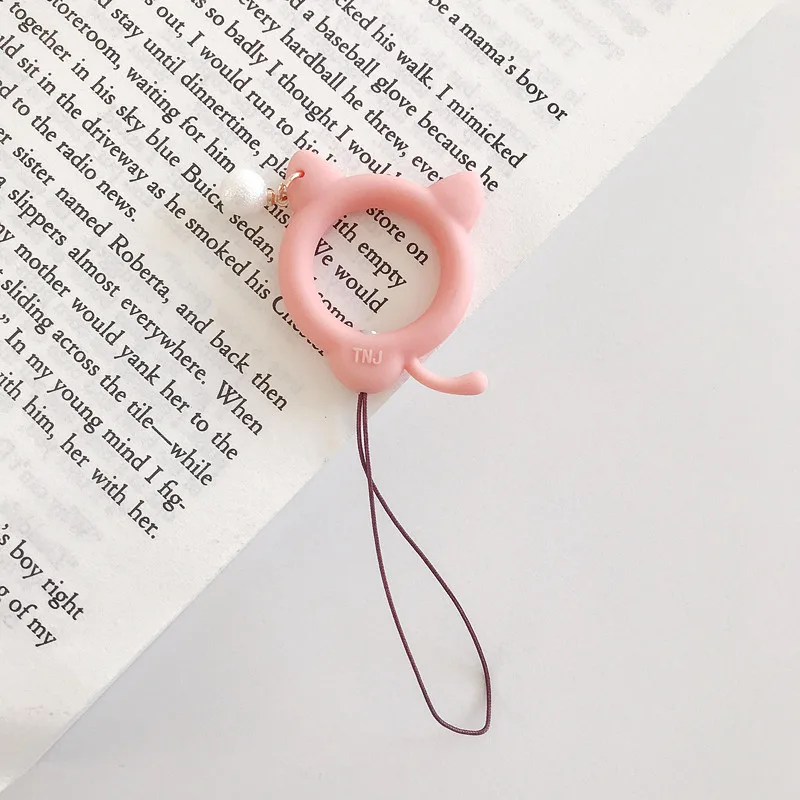 Cute cat pearl Universal Mobile Phone Ring Finger Strap Charm Lanyard Silicone Macaron Kwaii Loop Phone Unique Soft For IPhone - Цвет: Orange