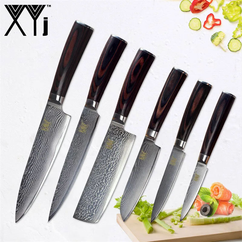 C.6 Pieces Set XYj Дамасские поварские ножи с деревянной ручкой, японские кухонные ножи VG 10, кухонный нож из дамасской стали, инструменты для приготовления пищи - Цвет: C.6 Pieces Set