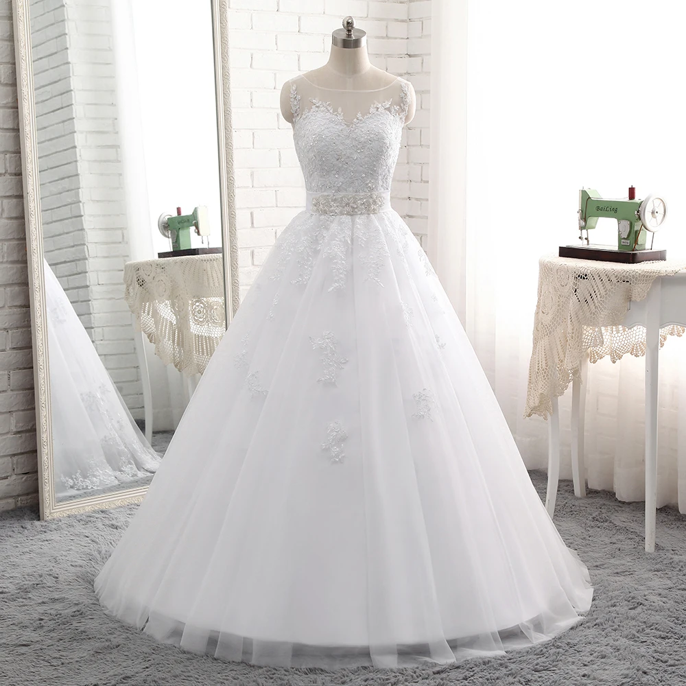 

2018 New Vestido De Noiva Long Ball Gown Lace Applique Wedding Dresses Hot Sale White Tulle Appliques Beaded Sash Bridal Gowns