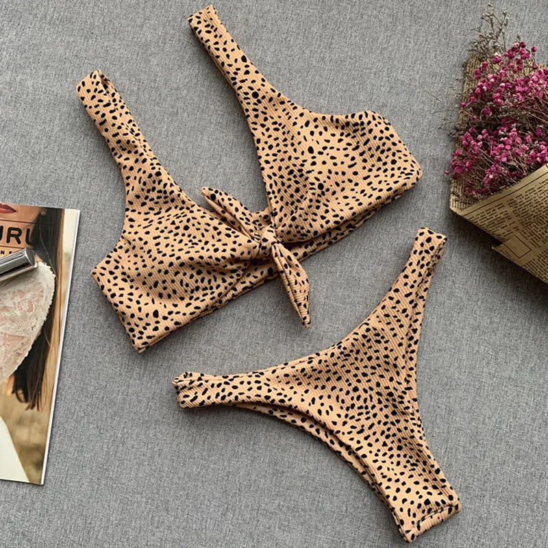2022 Bow knot Polka dot Leopard Bikini women High Leg cut swimwear female Ribbed swimsuit Sexy Brazilian bathing suit Swim Lady