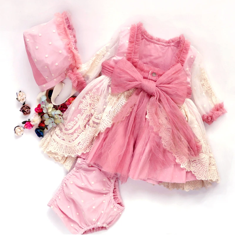 2019 Spring Spanish Children's Clothing Court Girl Lace Embroidery Princess Dress Baby Birthday Communion Girls 3pcs | Детская
