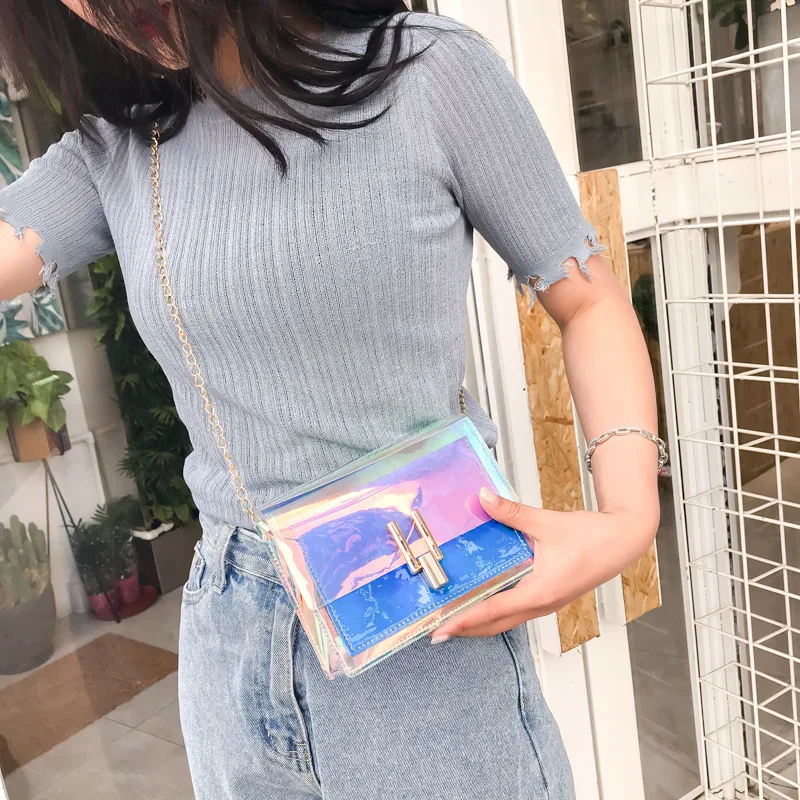 Women Laser Jelly Bags Fashion PVC Transparent Small Tote Chain Flap Crossbody Shoulder Bag Female Shopping Handbag SS7440 | Багаж и сумки