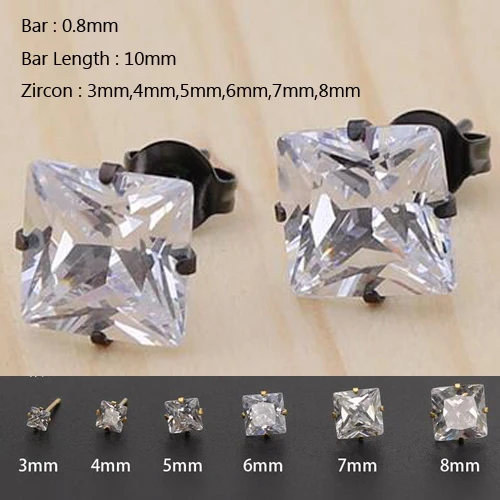 2 шт. квадратные серьги гвоздики из нержавеющей стали с прозрачным цирконием