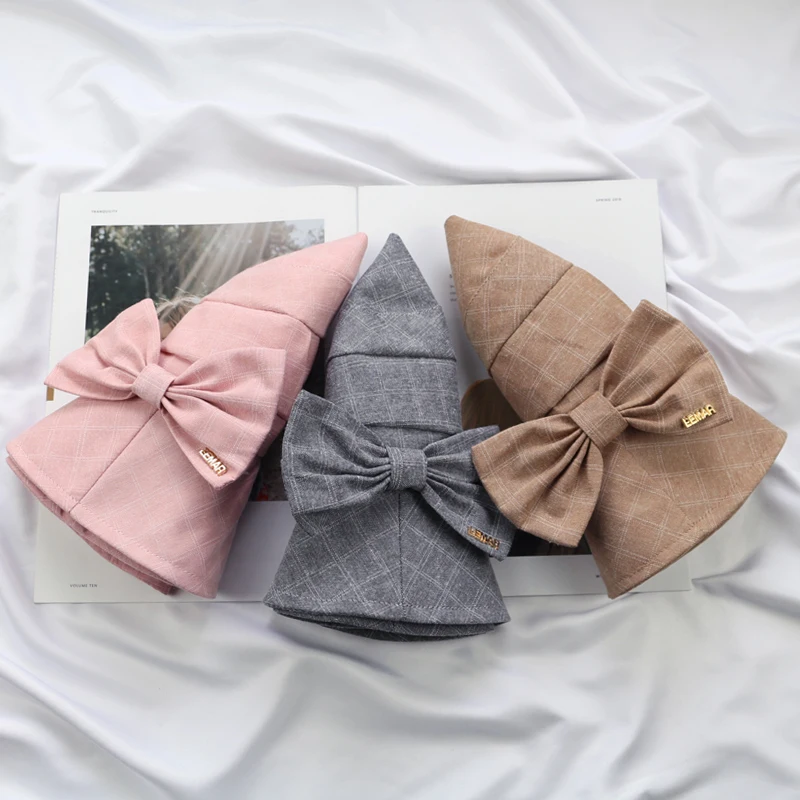 

women spring summer cotton foldable outside travel sunscreen adult panama sunhat plaid bucket hat with bowknot