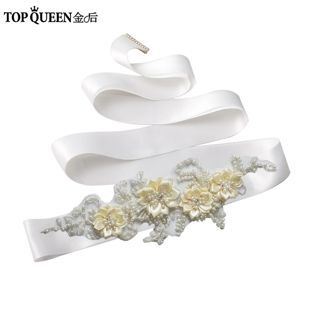 White TOPQUEEN, S346, пояс для невесты, стразы, цветок, жемчуг, лист, ткань, цветок, пояс для невесты, пояс для невесты с большим цветком из ткани - Цвет: White