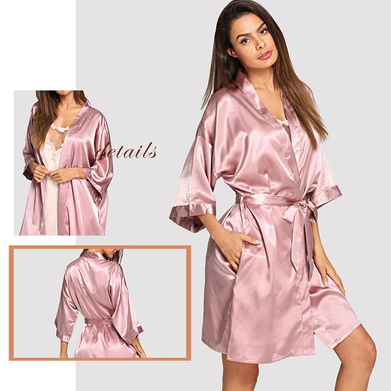 Sheinside, розовый, v-образный вырез, Повседневный, рукав 3/4, с поясом, халат, женская одежда для сна, халат, летний, элегантный, однотонный, атласный, Халат
