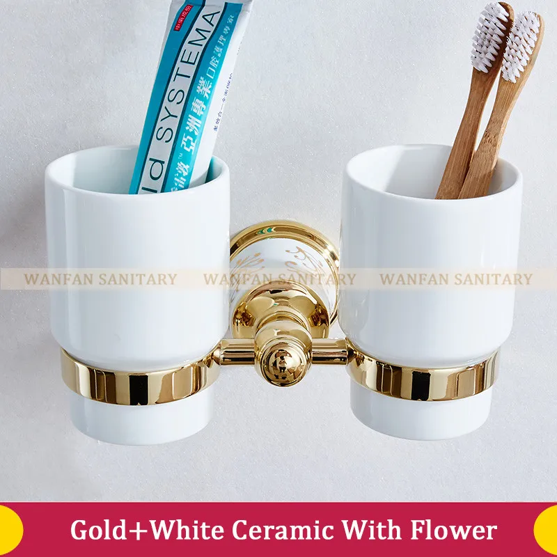 Gold With Flower Настенный держатель для ванной комнаты, европейский стиль роскошный золотой держатель для зубной щетки, держатель стаканов двойной подстаканник - Цвет: Gold With Flower