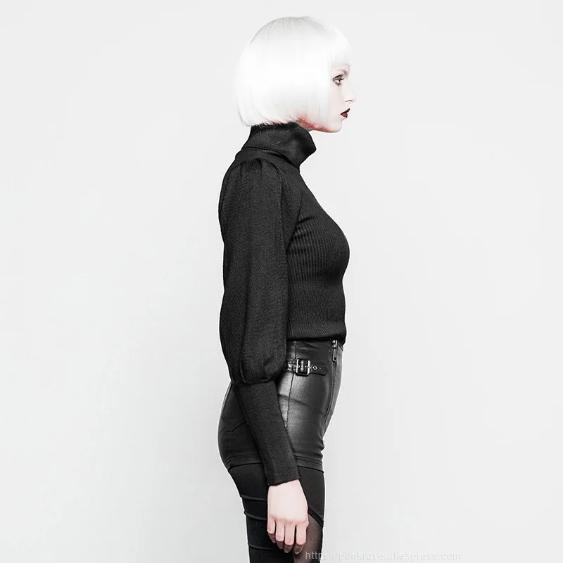 Панк рейв женский Готический супер мягкий свитер для фейерверка Мода покрытая пуговица плечо Высокий воротник суд вязать Топы для женщин