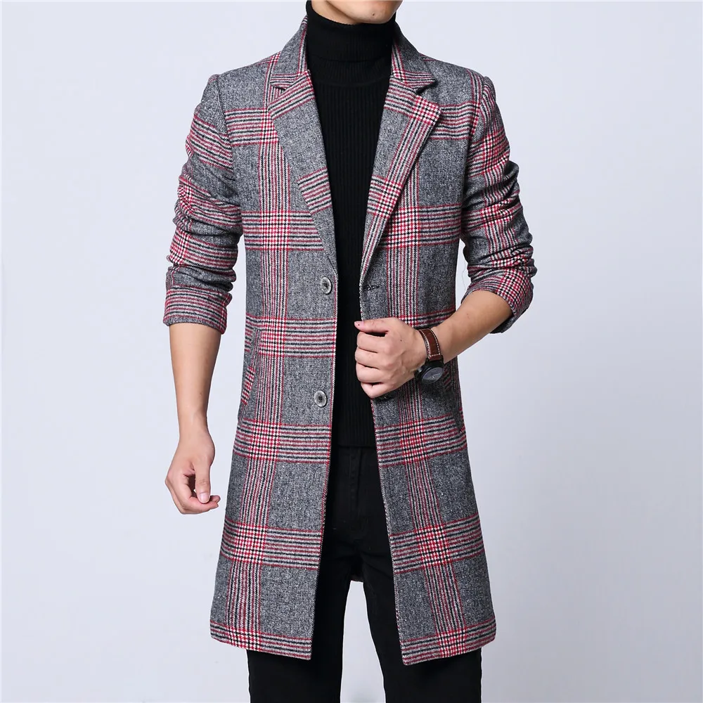 

Mens long coat winter woolen melton overcoat plaid red gray two buttons full lining long sleeve M-6XL pocket 18NovW4 drop ship
