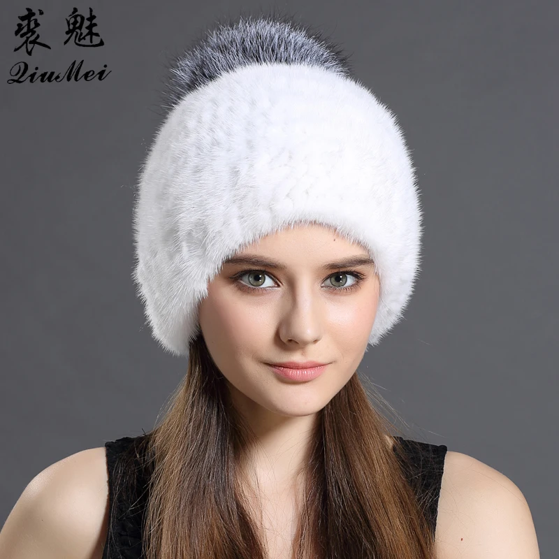Женская шапка зимние шапки из натурального меха норки женские с помпоном