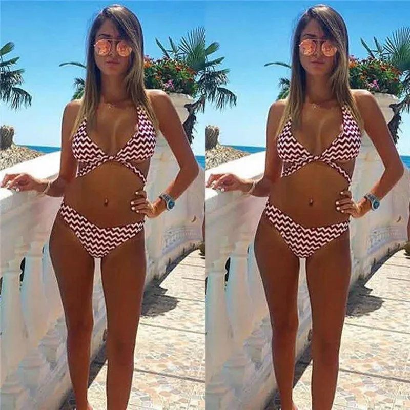 Женский купальник в красно белую полоску бандажный комплект бикини с пуш апом