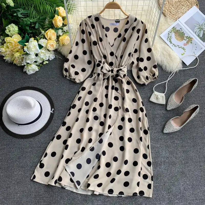 2019 новые модные женские платья ретро в горошек с v-образным вырезом пышными