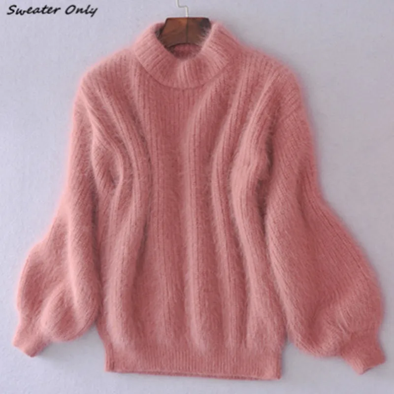 Женский мохеровый свитер Свободный пуловер с рукавами-фонариками воротником до