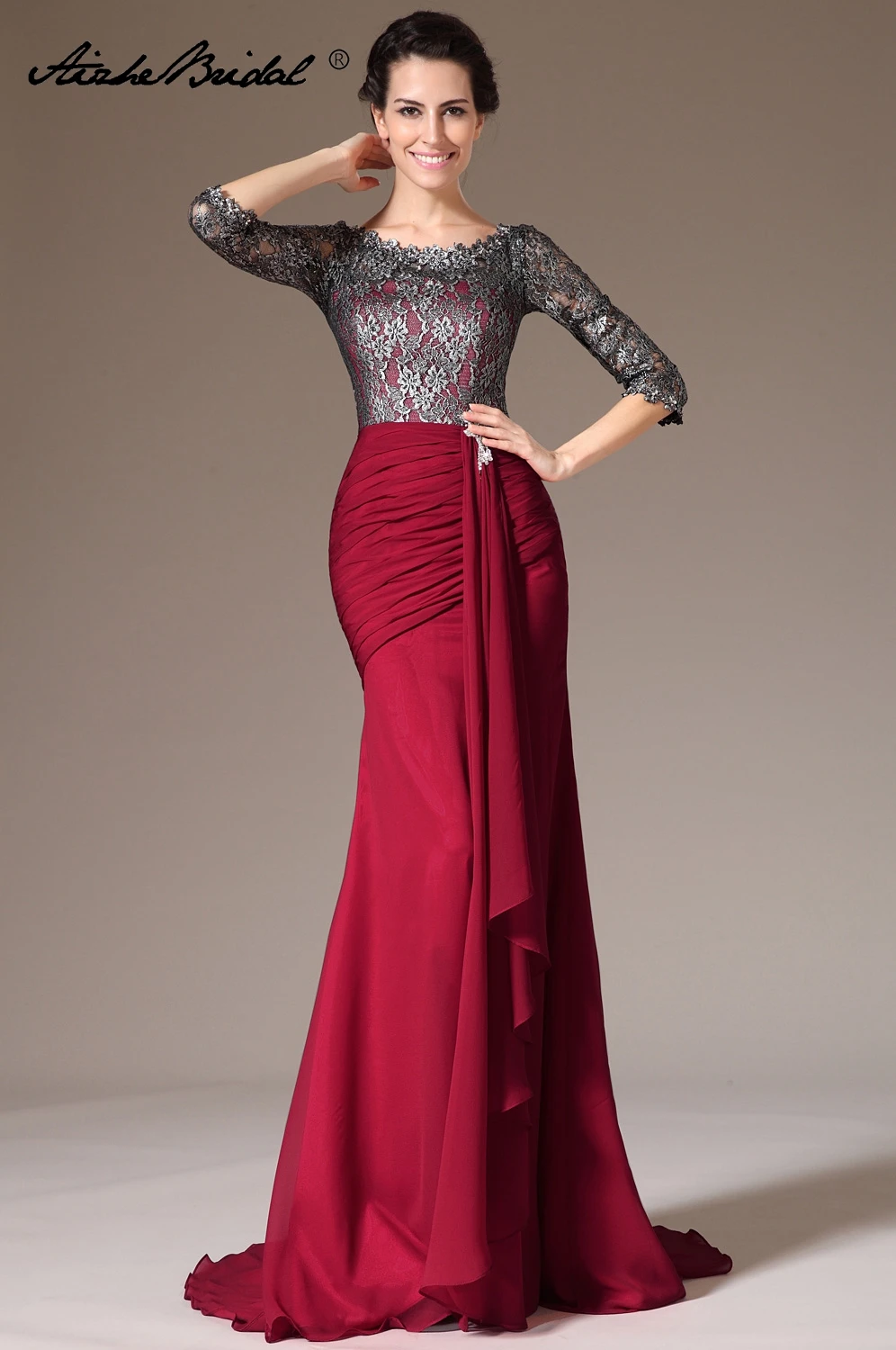 

Long Formal Women's Dresses Mermaid Half Sleeve Chiffon Lace Vestidos Madre De La Novia Mother Gown