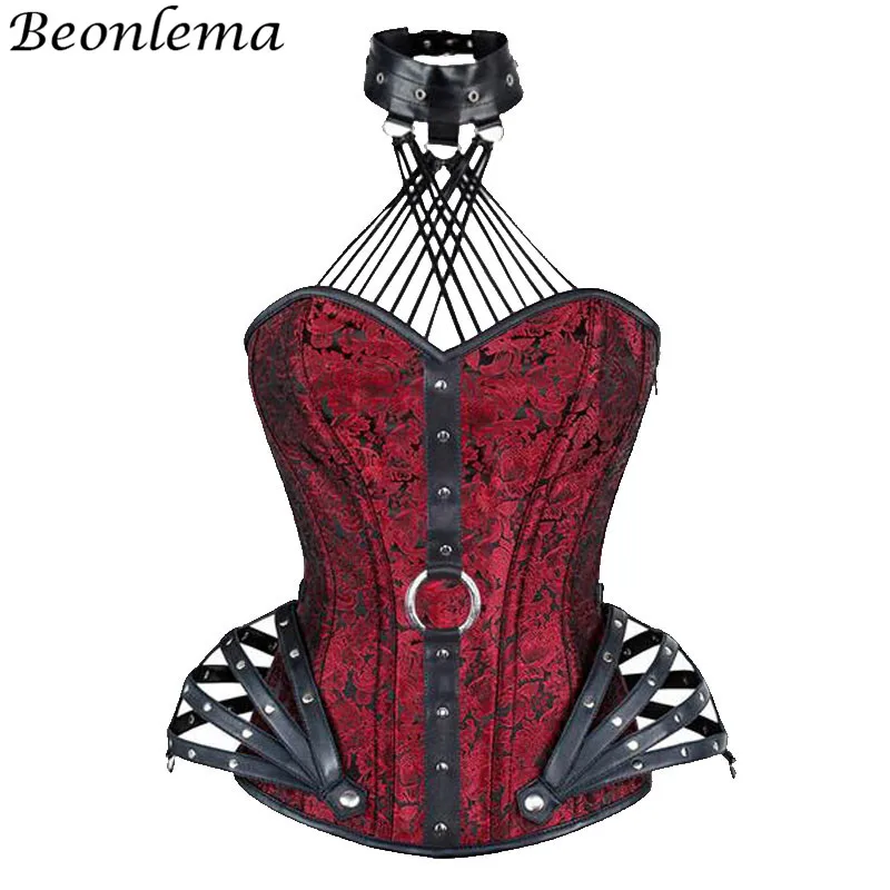 Красный Beonlema, Черный готический корсет, топ, для женщин, сексуальный, искусственная кожа, Бурлеск, корсеты, красный, стимпанк, стальная кость, Корсе, панк, готика, одежда - Цвет: Красный