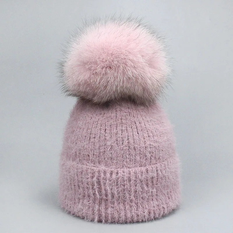 Hat Purple Комплект из 2 предметов, новинка, зимняя шапка с лисьим помпоном и кроличьим мехом и шарф для женщин и девочек, Хлопковая женская зимняя вязаная шапка, Повседневная одноцветная - Цвет: Hat Purple