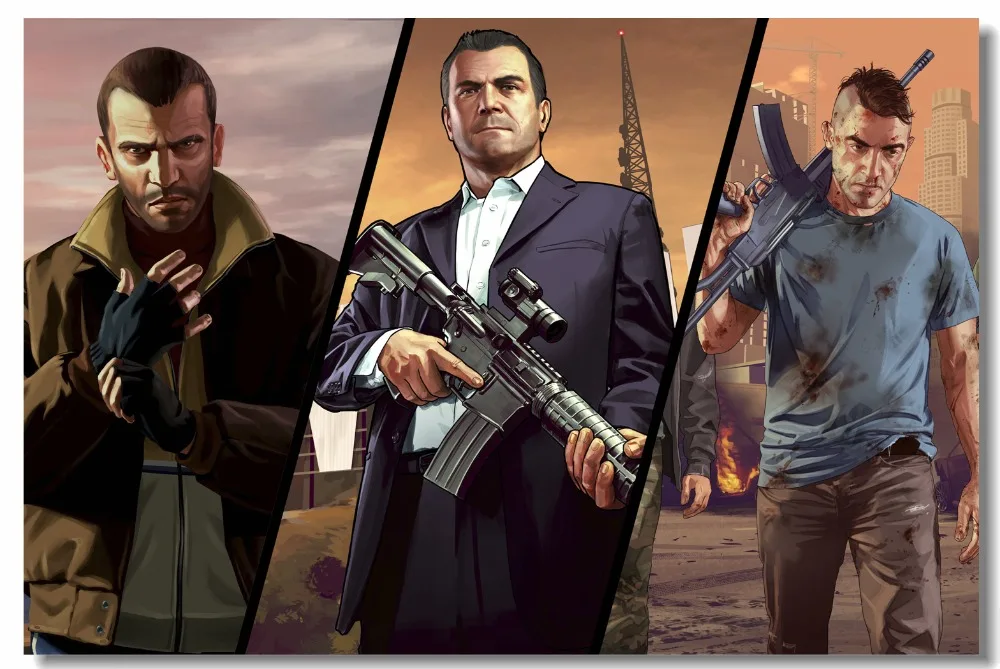 Custom Canvas Wall Mural Video Game GTA 5 Posters And Prints Grand Theft Auto V Niko Bellic Michael Sticker Bedroom Decor #0927#