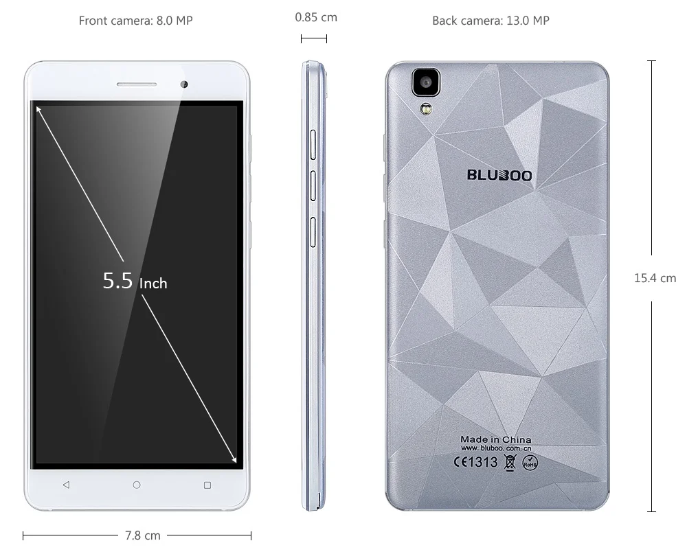 Bluboo Майя смартфон 3G 5 &quotAndroid 6 0 MTK6580 4 ядра 3000 мАч 2 ГБ + 16 13.0MP 8.0MP двойной камеры Dual SIM