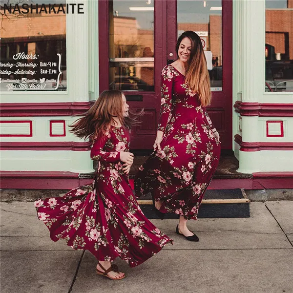 Wine Платья для мамы и дочки; Длинные Платья с цветочным принтом; Vestidos; одежда для мамы и дочки; платье для мамы и дочки; Семейные комплекты - Цвет: Wine