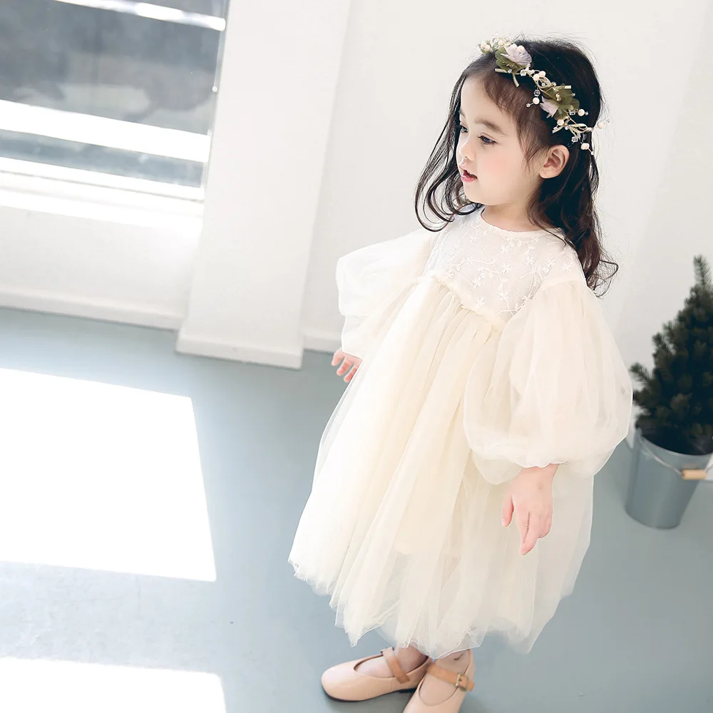 2019 Spring girls fashion mesh long sleeve princess dresses 0-4 years cute girl puff floral embroidery dress Tops | Детская одежда и