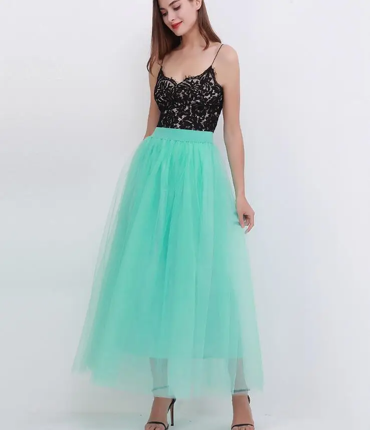 Mint green Новое поступление Пышная юбка Макси Длинная юбка в пол из тюля эластичная женская с высокой талией Пышная юбка с подъюбником подружки невесты на свадьбу - Цвет: Mint green
