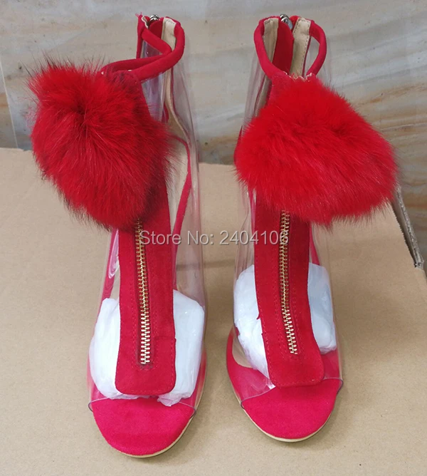 Shooegle Designer Women Pom Shoes Furry Ball Summer Botines Front Zipper Transparent High Heels Peep Toe Clear Ankle Boots | Обувь