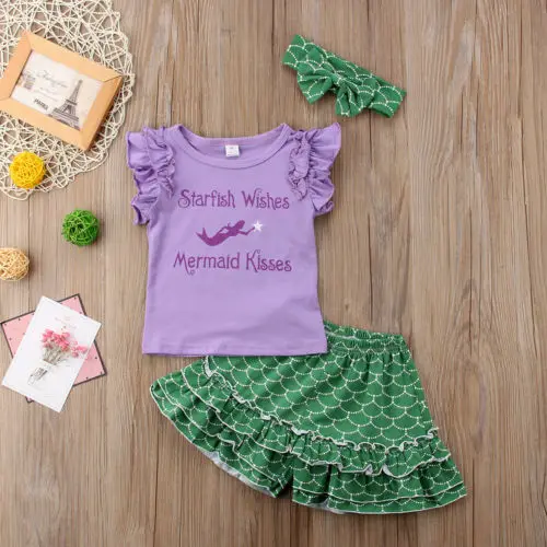 2018 Новая летняя детская одежда Русалочки для маленьких девочек 3 предмета