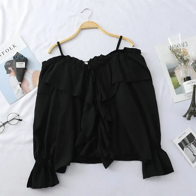 Women Blouse Shirt Женская летняя рубашка с открытыми плечами и расклешенными рукавами с v-образным вырезом, Повседневная приталенная шифоновая блузка с оборками - Цвет: Women Blouse Shirt