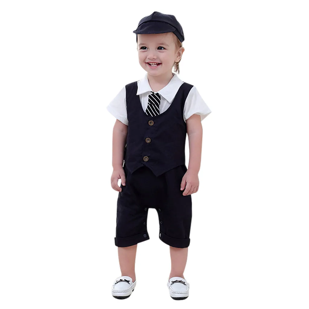 Children's gentleman's suit Infant Baby Short Sleeve Gentleman Romper Solid Print Jumpsuit +Hat boys clothes children clothes#06 |