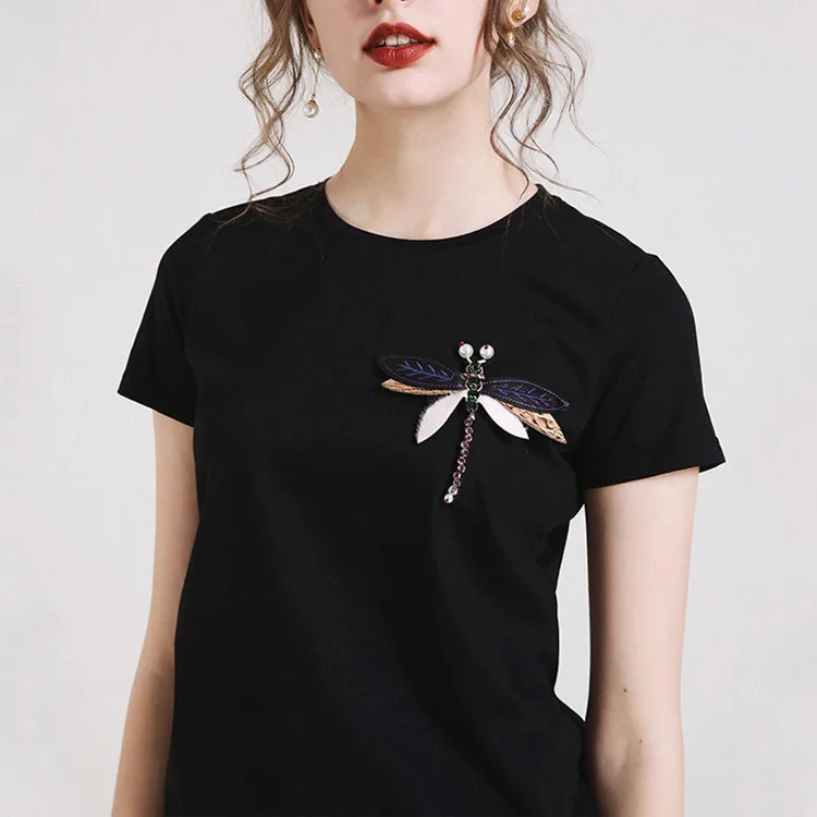 Женская футболка с круглым вырезом весенне летняя ручной бусиной и блестками для