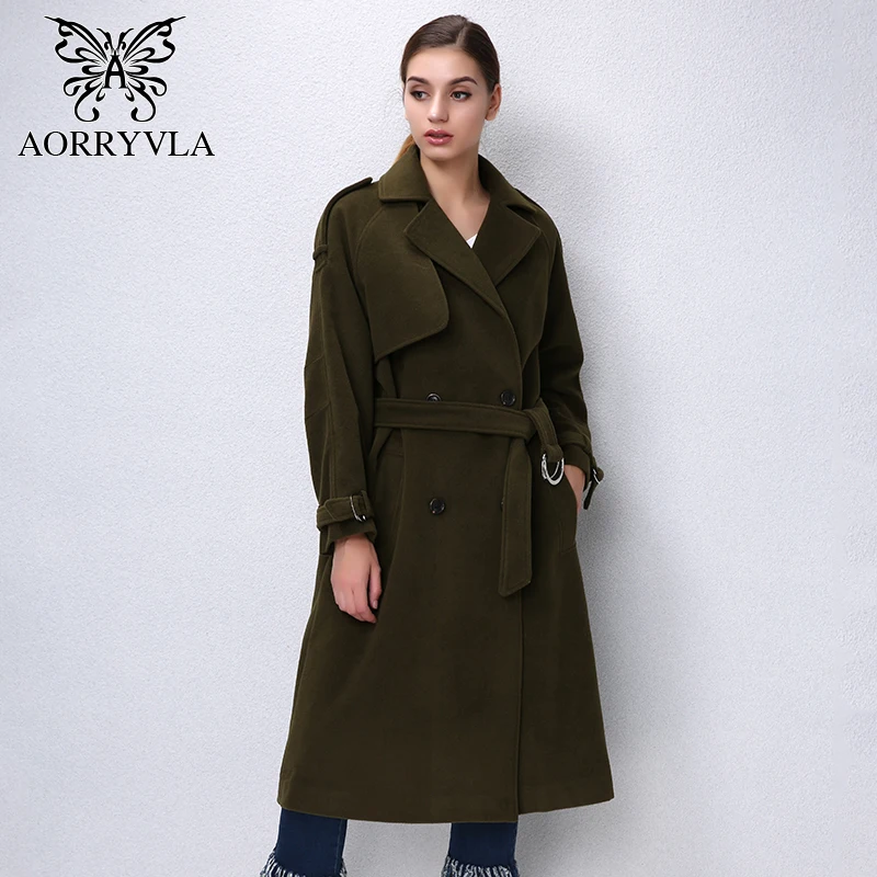 Женское шерстяное пальто AORRYVLA повседневное свободное двубортное армейского