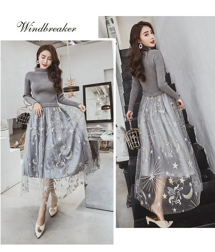 Осеннее модное зимнее платье с высоким темпераментом для женщин, облегающее платье с круглым вырезом и длинным рукавом, длинное вязаное женское платье из лоскутной сетки
