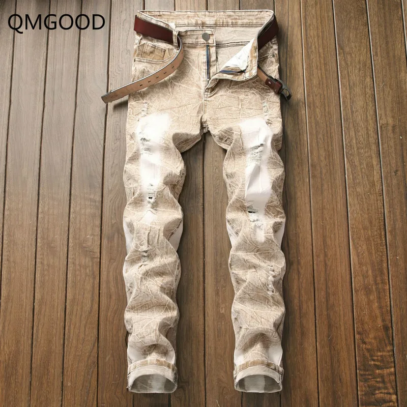QMGOOD новые рваные джинсы для мужчин новая мода плюс размер потертые мужские
